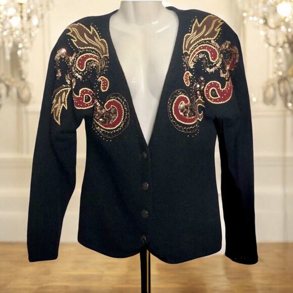 Vintage 80s Marisa Christina Cardigan Sweater Black Lambs Wool Angora Sequins - Picture 1 of 12